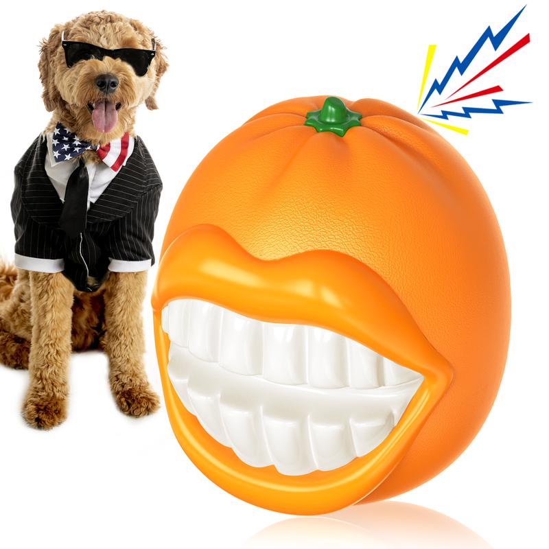 Dog in a suit next to an orange toy with a mouth design on a white background