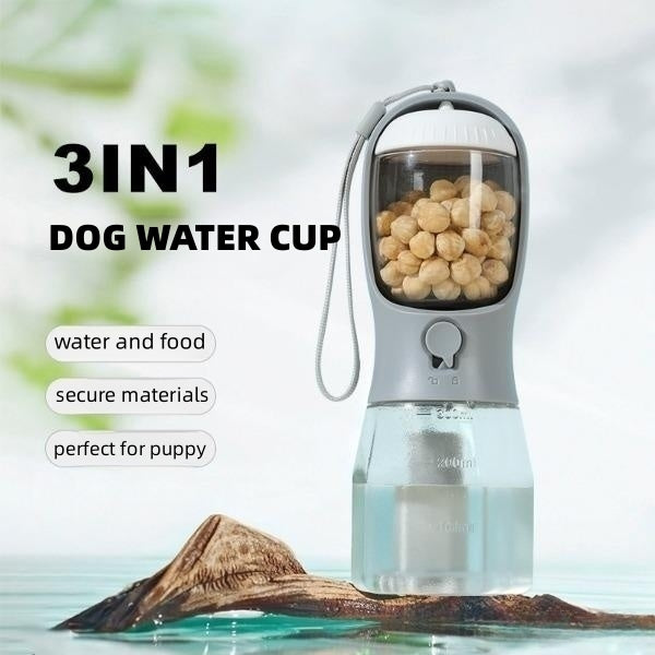 3-in-1 Portable Dog Water Bottle - Travel Pet Water Food & Waste Bag Dispenser | 300ml