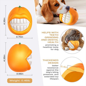Dog toy designed like a pumpkin with measurements and benefits listed, featuring a dog holding the toy.