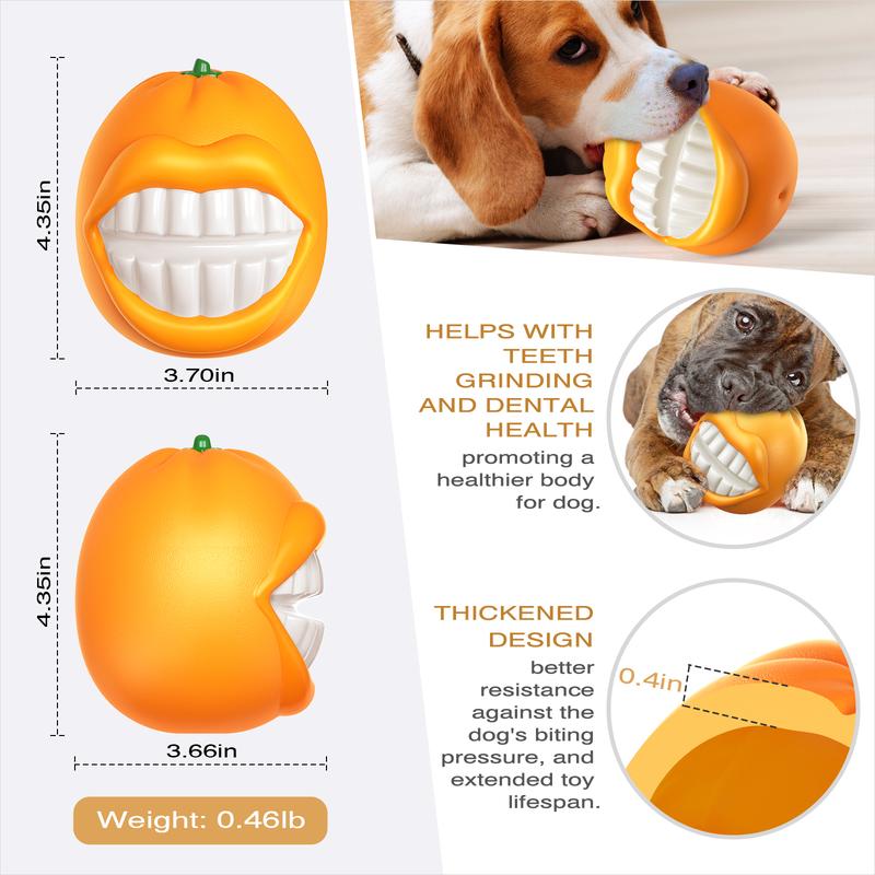 Dog toy designed like a pumpkin with measurements and benefits listed, featuring a dog holding the toy.