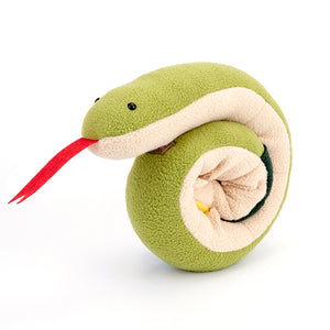 Plush snake toy with green body and red tongue on a white background