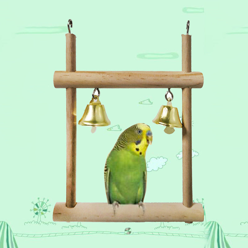 Natural Wood Bird Perch Stand with Bells
