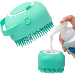 Green scrubber with bristles and a hand pouring white liquid onto it against a white background