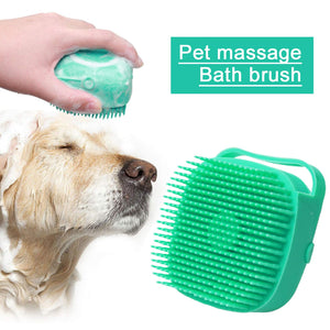 Green pet massage bath brush with a dog and text 'Pet massage Bath brush' on a white background