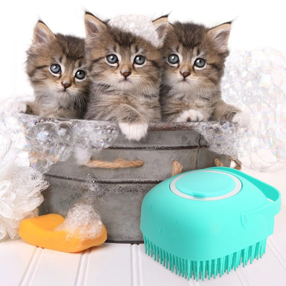 Three kittens in a basket with a teal pet grooming tool on a white background