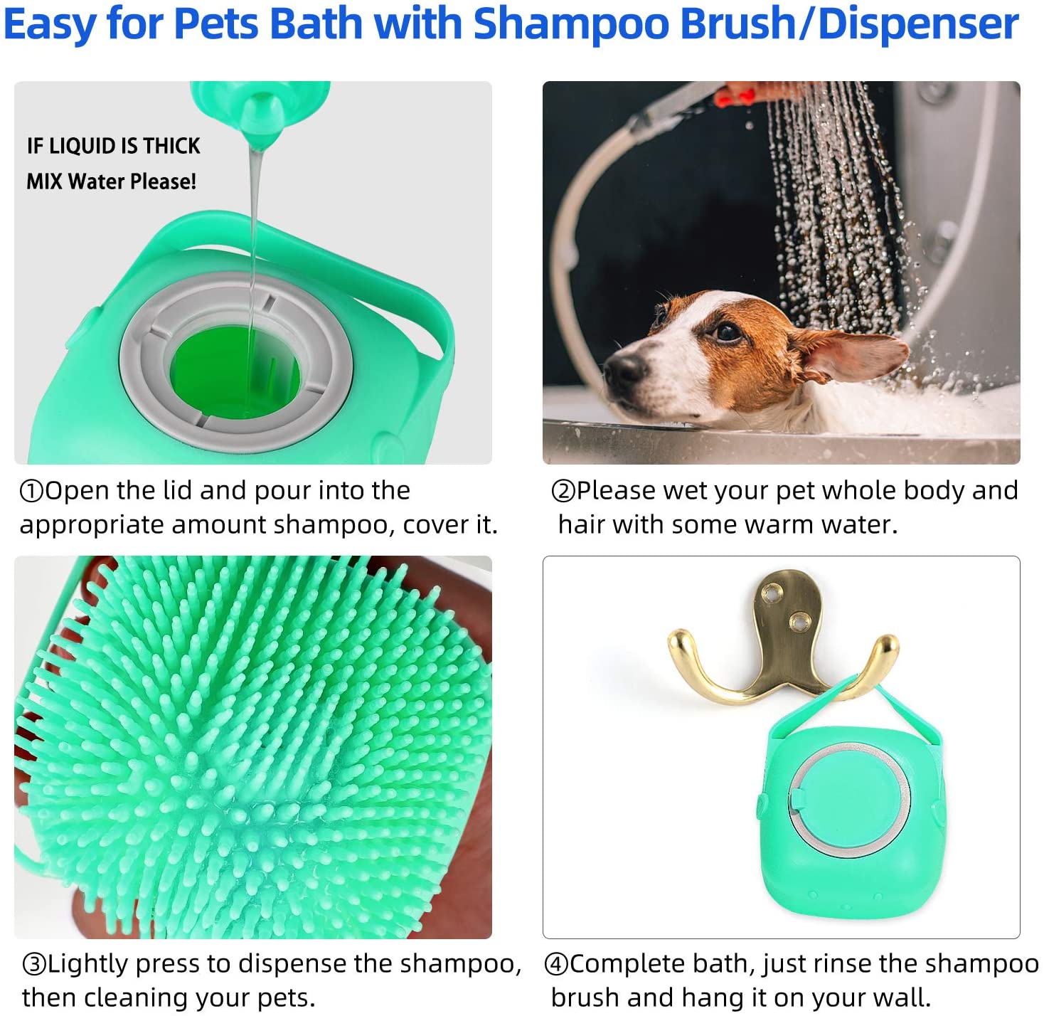 Pet grooming product with shampoo brush and dispenser, instructions for use.