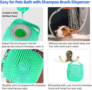 Pet grooming product with shampoo brush and dispenser, instructions for use.