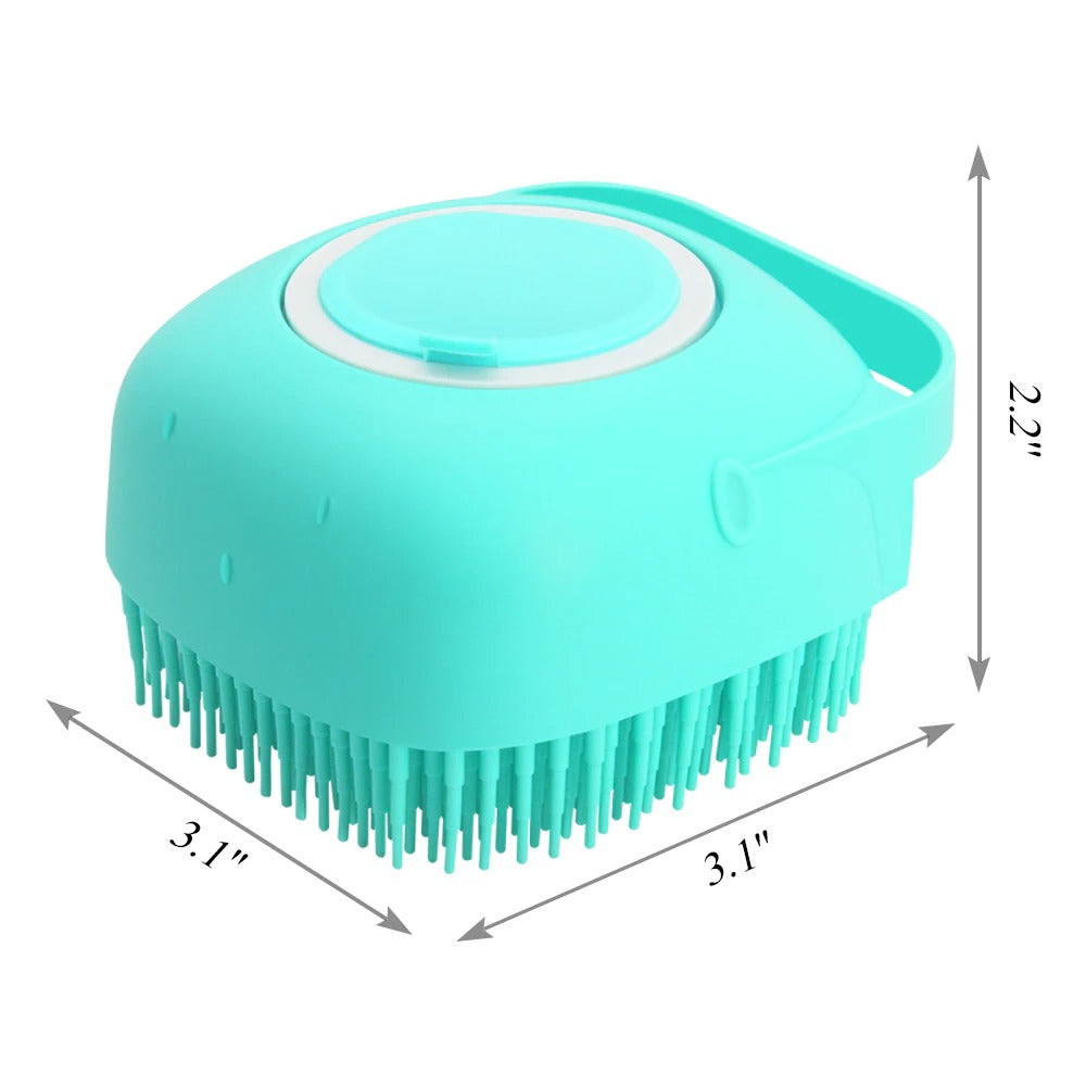 Turquoise silicone scrubber with dimensions on a white background