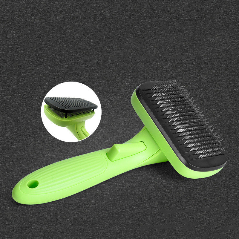 Green pet grooming brush with close-up inset on a dark background