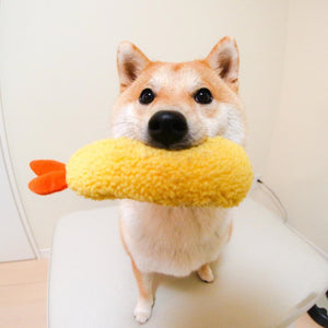 Dog holding a yellow plush toy with an orange tip on a white surface