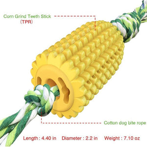 Corn-shaped dog chew toy with a rope, labeled with dimensions and material details.