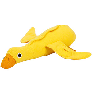 Yellow plush toy resembling a duck on a white background