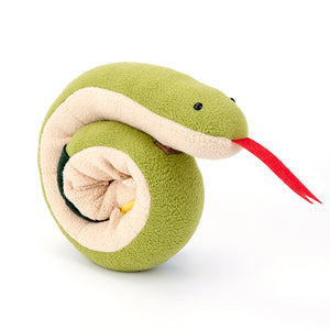 Plush snake toy with a red tongue on a white background