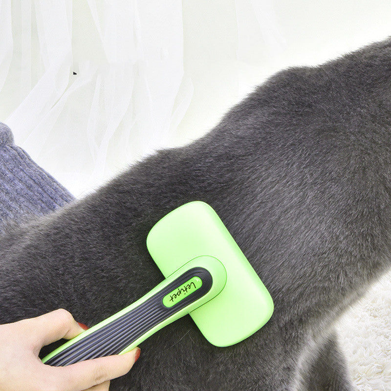 Green pet grooming brush being used on a gray dog