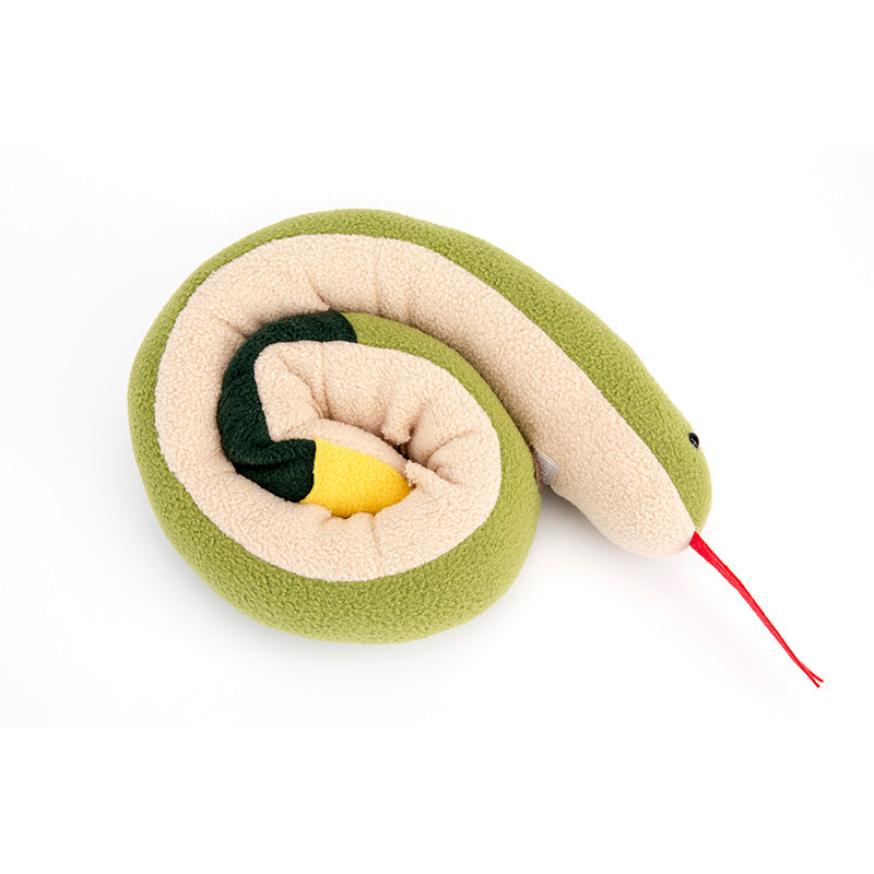 Plush snake toy with green and beige colors on a white background