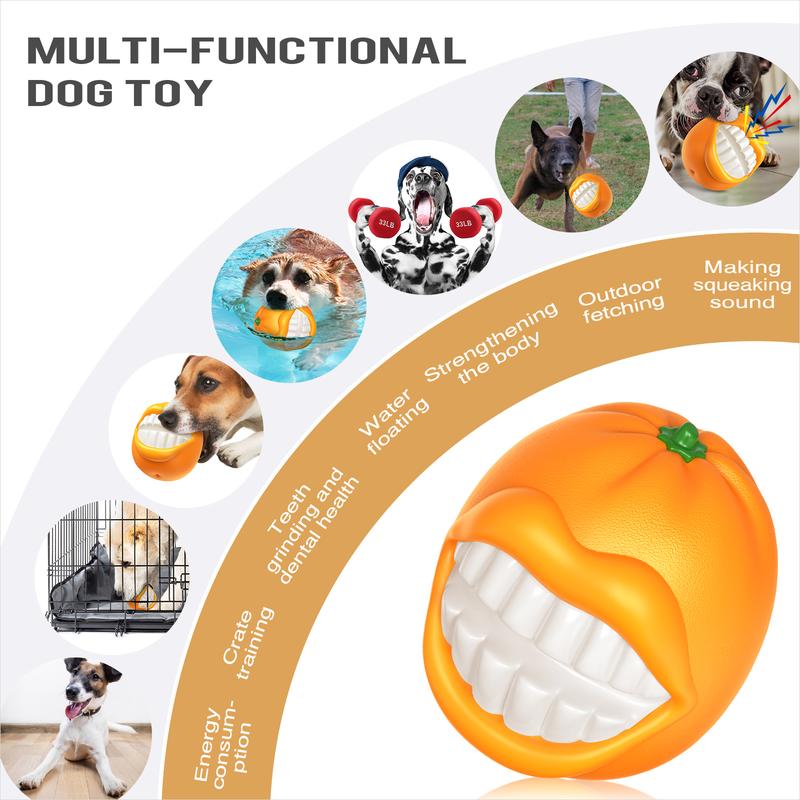 Multifunctional dog toy with images of dogs playing and text describing its uses.