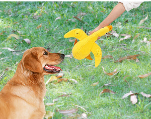 Dog playing with a yellow toy shaped like a banana on grass