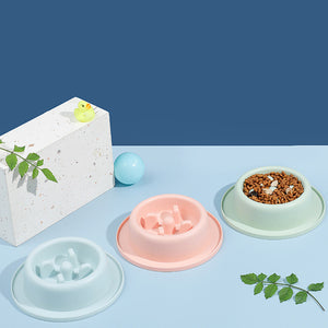Set of colorful pet bowls on a blue background with decorative elements.