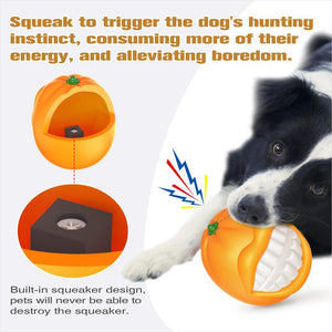 Dog playing with an orange and white toy, with text about triggering hunting instinct and alleviating boredom.