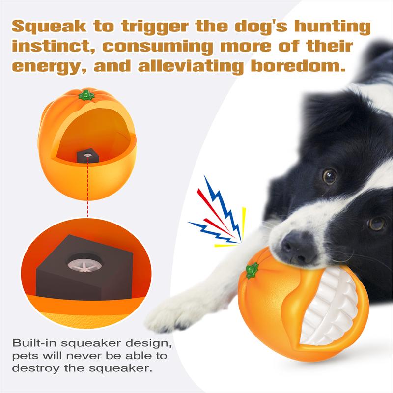 Dog playing with an orange and white toy, with text about triggering hunting instinct and alleviating boredom.