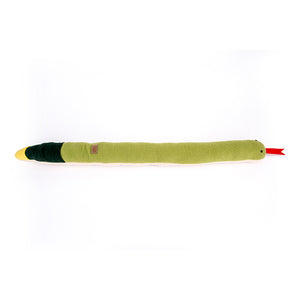 Squeaky toy shaped like a snake with green body and black head on a white background