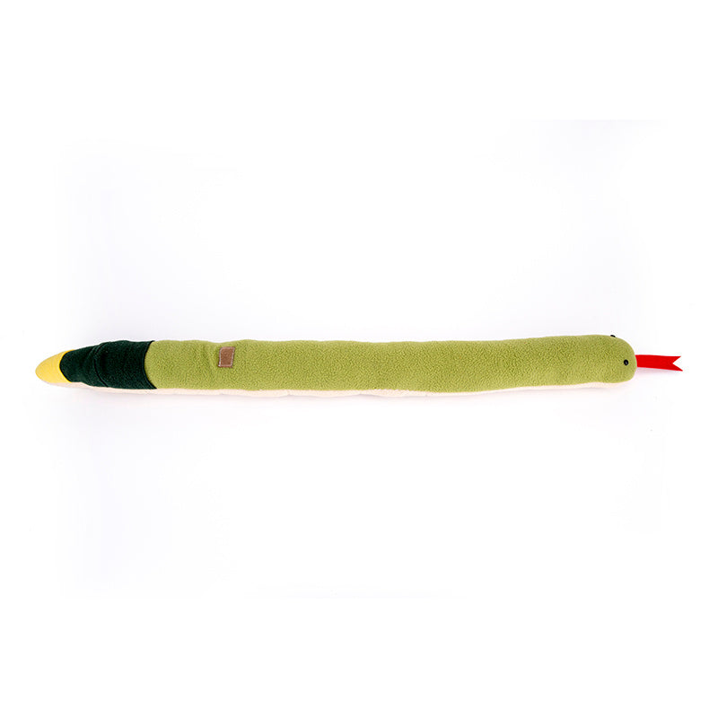 Squeaky toy shaped like a snake with green body and black head on a white background