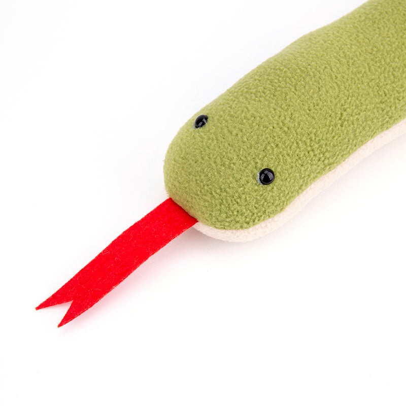 Green plush snake toy with a red tongue on a white background