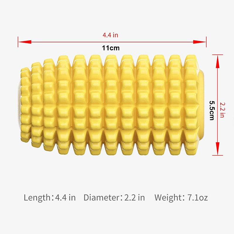 Yellow textured roller with measurements on a white background